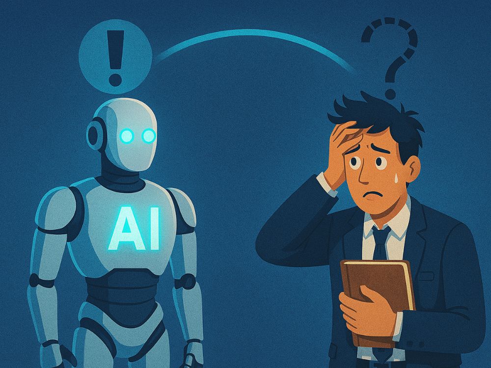 A confused businessman holding a clipboard faces a glowing AI robot against a blue background.