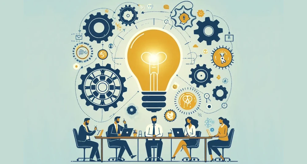 Team of professionals seated at a conference table with gears and a glowing lightbulb floating above them.