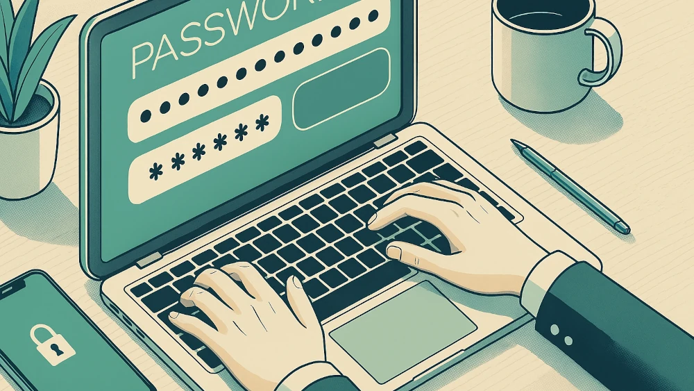 Person typing a password on a laptop at a desk with a coffee mug and plant nearby.