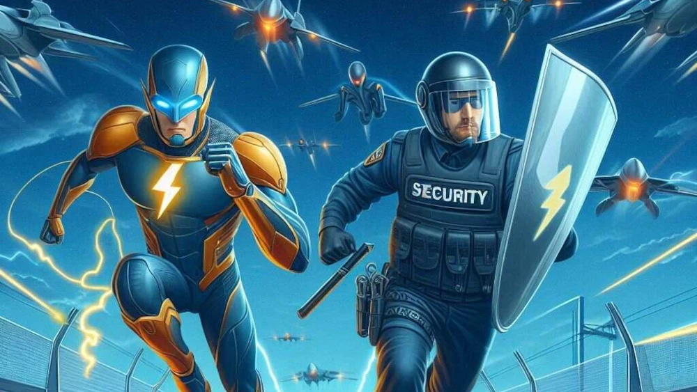 Two armored figures with glowing lightning elements stand against a blue sky filled with flying drones and aircraft.