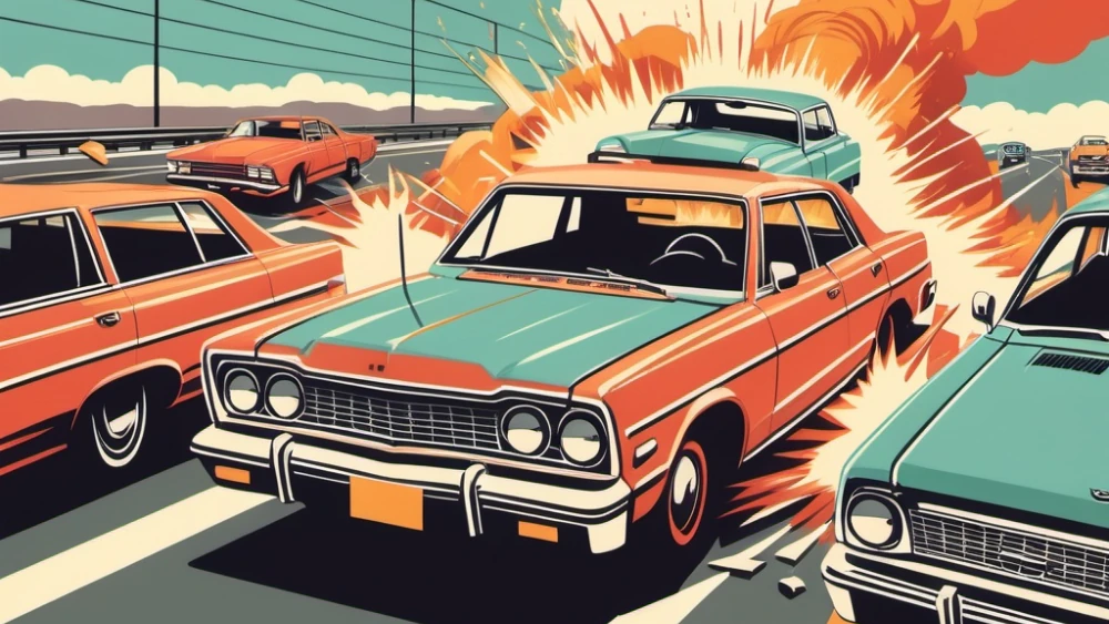 Vintage cars colliding on a highway with explosive orange and yellow bursts in a retro illustration style.