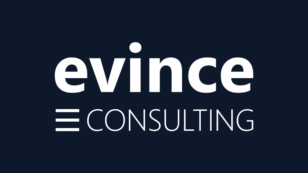 Evince Consulting logo displayed in white text on a dark navy blue background.