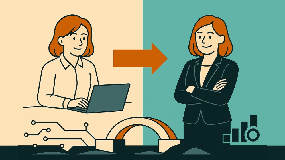 Woman with red hair at laptop on left transitioning to confident businesswoman in blazer on right with chart graphics below.