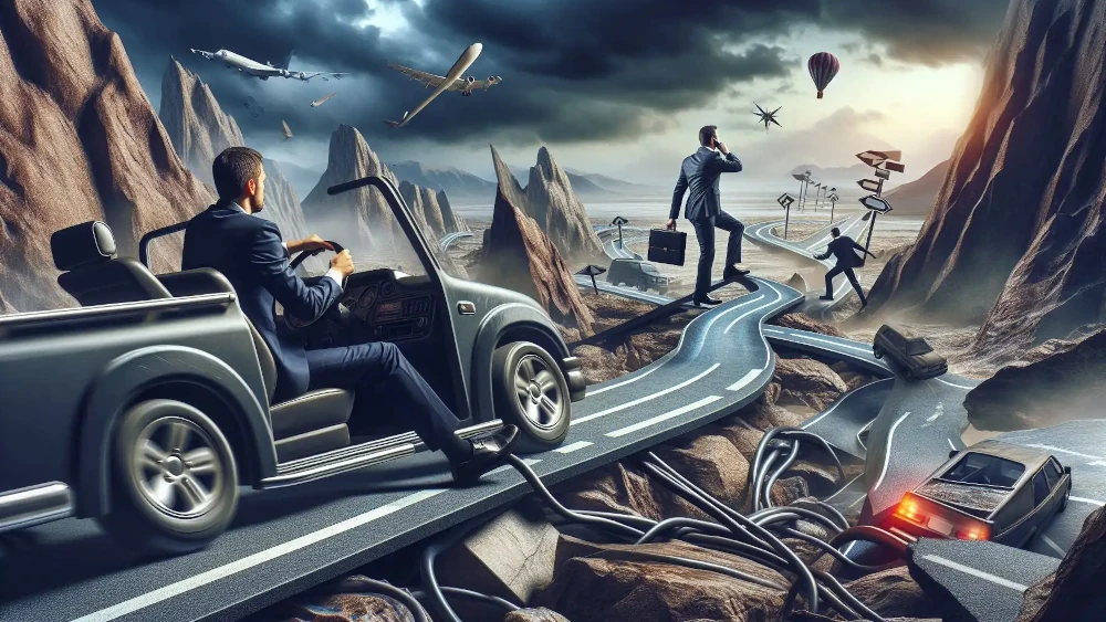 A businessman in a car navigates a winding blue road through dramatic rocky mountains while other figures move along the path under a stormy sky.