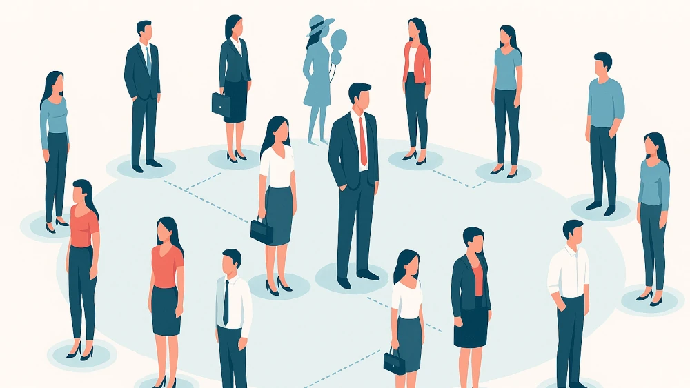 Diverse business professionals standing on a light blue surface connected by dotted lines representing their network.