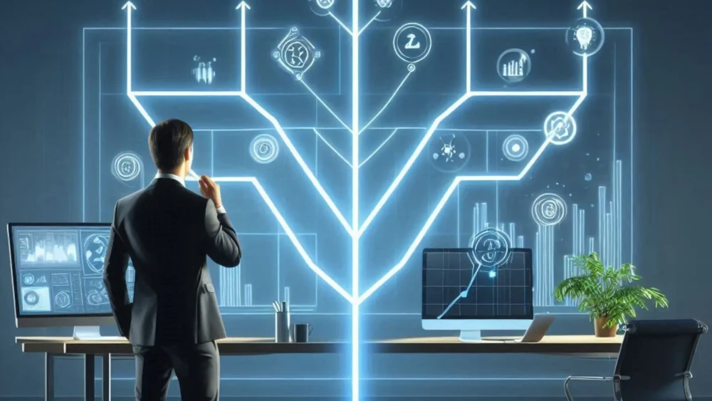 Businessman in suit standing in modern office examining glowing neon circuit diagram on wall with technology icons and data displays.