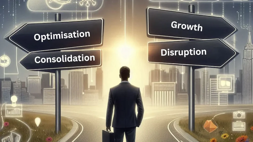 A businessman in a suit stands at a crossroads facing signposts labeled Optimisation, Consolidation, Growth, and Disruption in a futuristic city landscape.