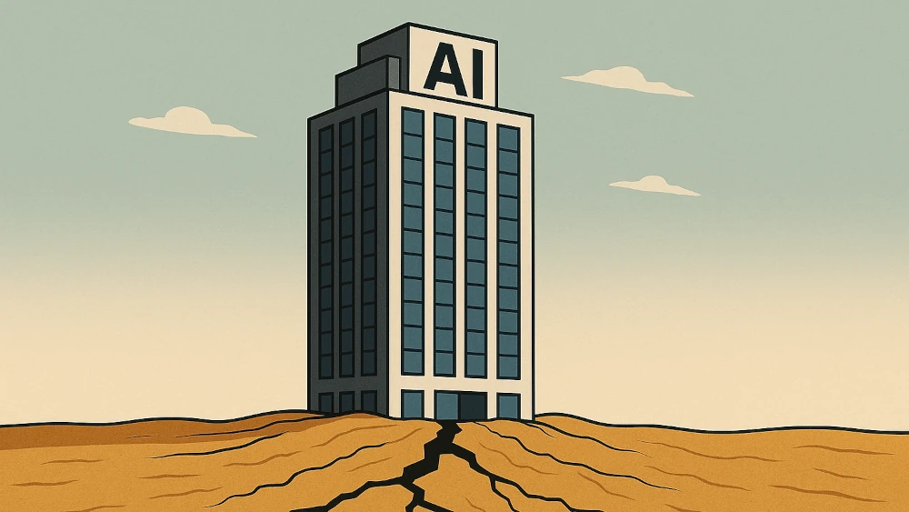 A tall building labeled AI stands on cracked, barren ground against a pale sky with clouds.