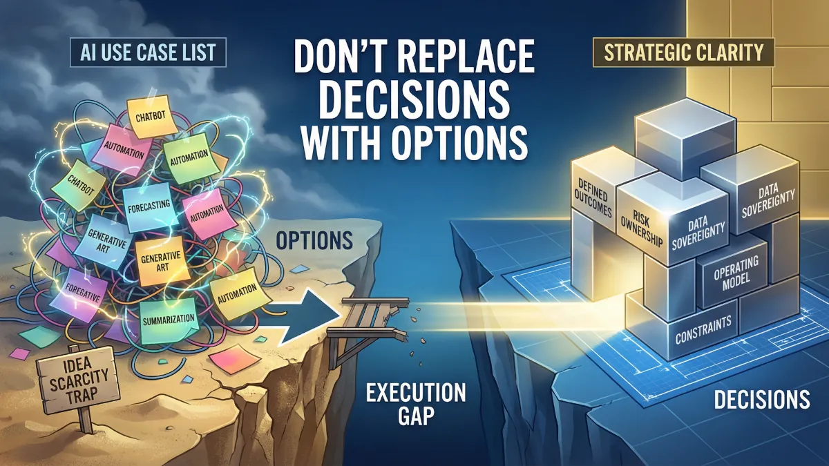 Don't replace decisions with options - infographic contrasting AI use case lists with strategic clarity