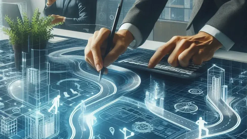 Business professionals using stylus and tablet to design digital city infrastructure with holographic buildings and pathways.