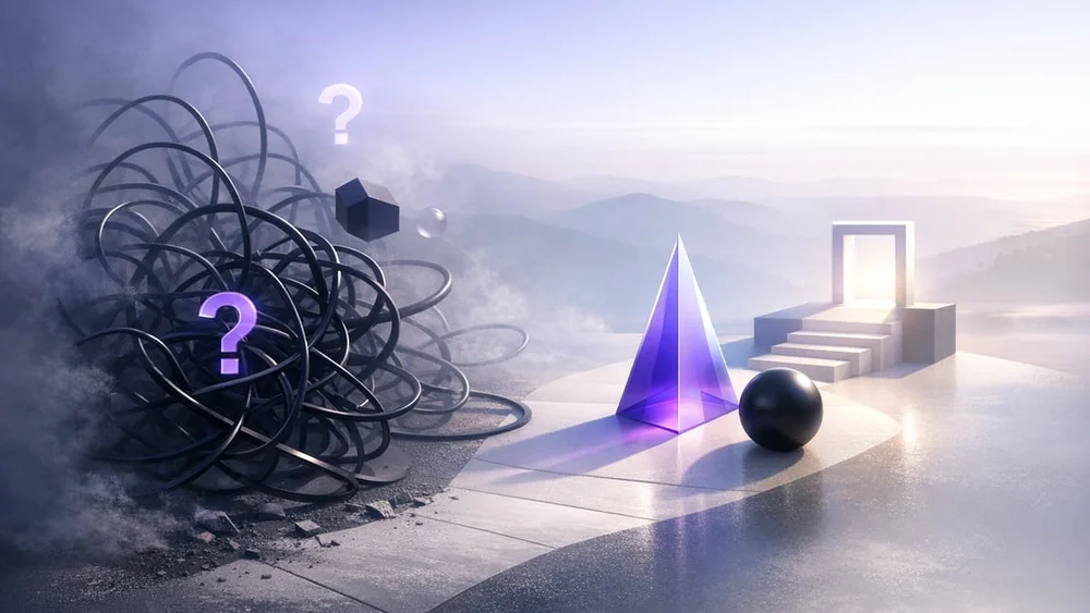 Abstract illustration of tangled complexity giving way to clear geometric forms and light, symbolising prioritising clarity for more effective AI decision-making.