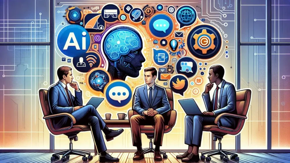 Three business professionals in an office meeting with AI and technology icons displayed on a glowing backdrop behind them.