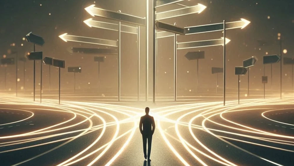 A silhouetted figure stands alone on a glowing road at a crossroads with illuminated directional signs in a futuristic urban landscape.
