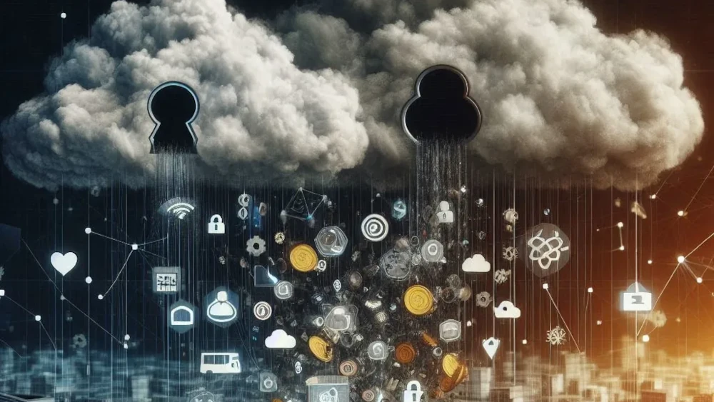 Two clouds raining down digital icons and currency symbols onto a cityscape below at sunset.