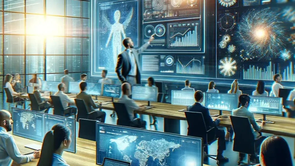 A diverse team of professionals work at desks with glowing digital displays and holographic data visualizations in a modern, sunlit office environment.