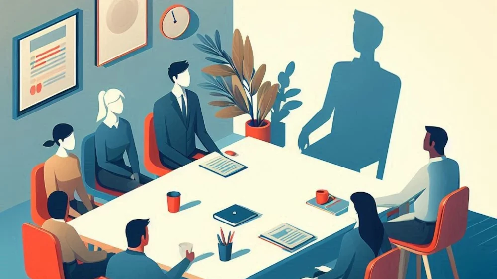 A diverse group of professionals sitting around a conference table with one large silhouetted figure looming above them in a modern office setting.