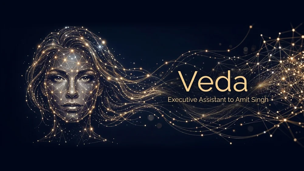 A woman's face made of glowing golden lines and particles against a dark blue background, with flowing hair extending into a network of connected dots and lines.