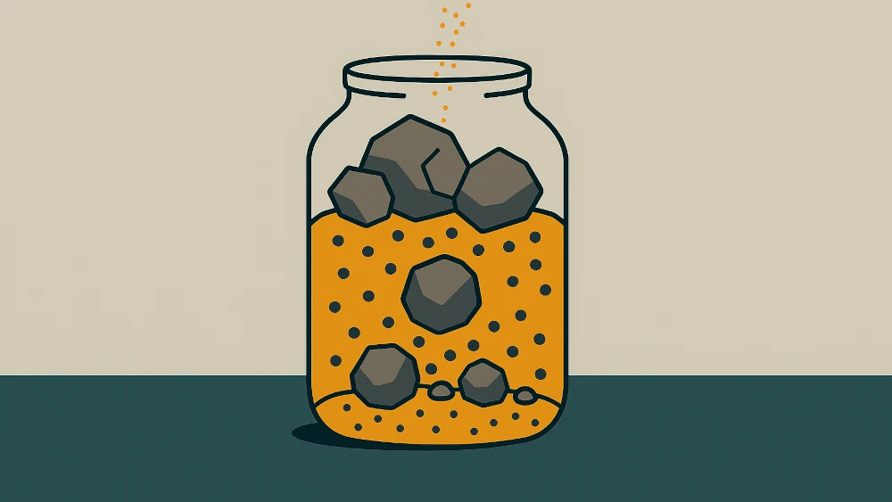 A glass jar filled with sand and varying sized stones and rocks.