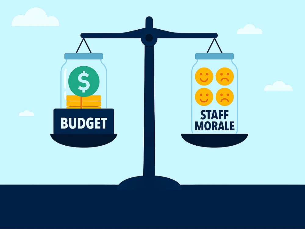 Scales balancing budget and staff morale