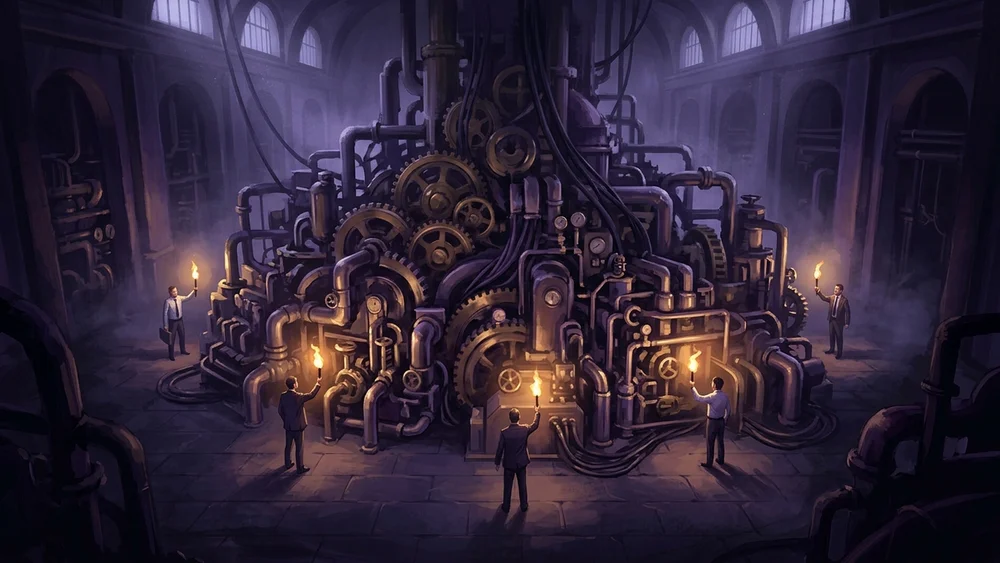 Painterly illustration of a vast engine hall at dusk: one huge machine of gears and pipes, five business-dressed figures around it each holding a torch that lights only their own patch.