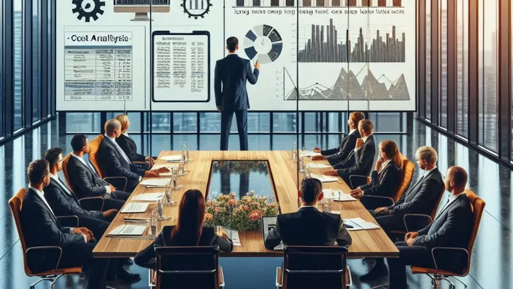 Business professionals in a modern conference room reviewing data charts and analytics on a wall display during a meeting.