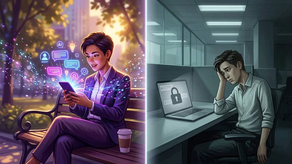 Split-panel editorial illustration. Left: professional on a park bench at lunch, phone glowing with AI iconography. Right: same person at office desk, laptop dim with corporate lock icon, deflated posture.